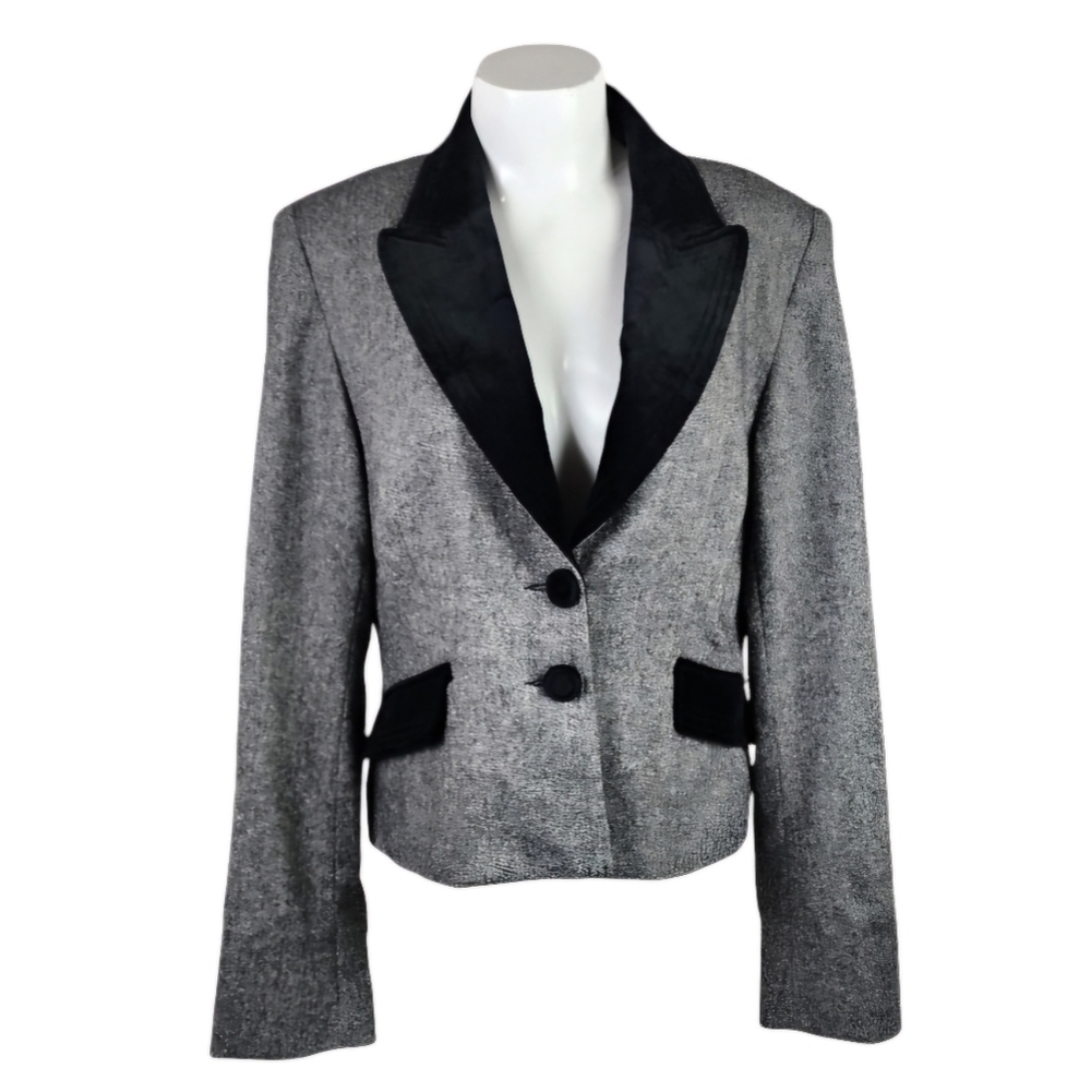 Vintage Louben Wool Tweed Blazer Velvet Accents Black White Size 10